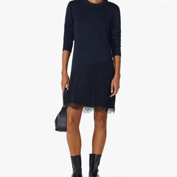 Thakoon Collective Asymmetric Lace Sweater Dress XS Navy Blue - Picture 1 of 10
